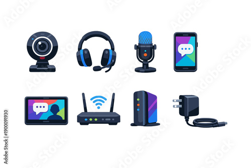 Virtual communication equipment in flat style: webcam, headset, microphone, smartphone, tablet, router, modem, power adapter