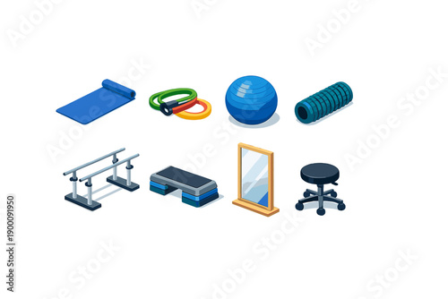 Physical rehabilitation exercise equipment in isometric flat style: exercise mat, resistance band, balance ball, foam roller, parallel bars, therapy step, wall