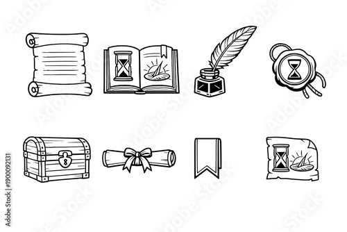 Manuscript timekeeping records in outline vector style: parchment scroll, codex book, ink bottle, quill pen, wax seal, document chest, ribbon tie, page marker