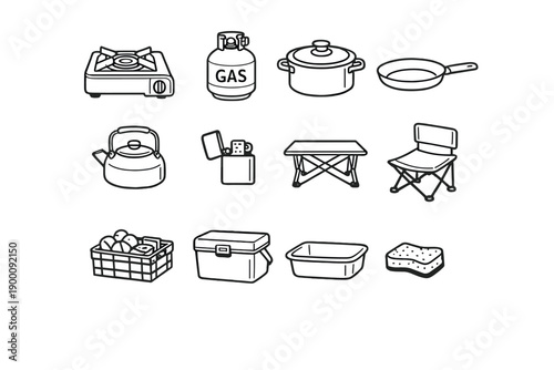 Mobile Cooking and Dining Area in outline vector style: camp stove, gas canister, cooking pot, frying pan, kettle, lighter, folding table, folding chair, food