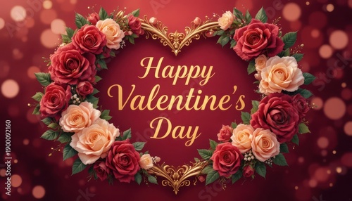 Elegant valentine’s day greeting card featuring vibrant roses and decorative golden accents