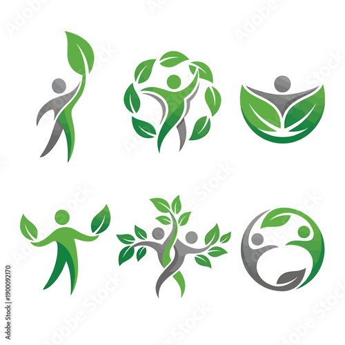 Abstract green logos depicting people and leaves representing growth and harmony