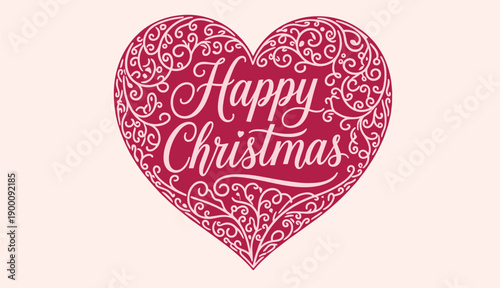 Happy Christmas heart typography vector with ornate swirl decoration for festive holiday greeting designs