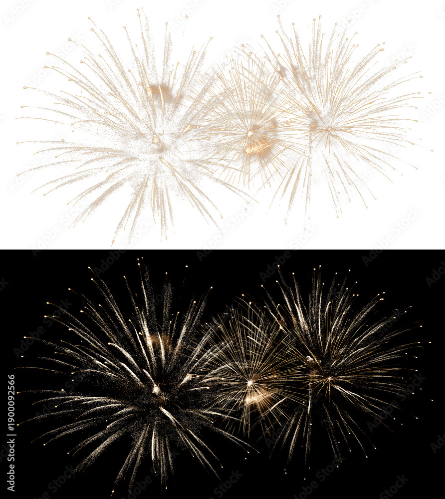 Obraz premium Luxury Festive Fireworks Composition Featuring Bright Gold Explosions, Radiant Sparks and Dynamic Light Streaks Isolated on Black