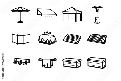 Weather Protection Items in outline vector style: patio umbrella, awning, canopy tent, outdoor heater, windbreak panel, rain cover, floor grate, rubber mat