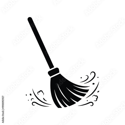 A simple black and white illustration of a broom sweeping dust