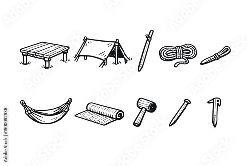 Swamp survival shelter items in doodle style: raised wooden platform, tarp cover, tent pole, rope coil, hammock, ground mat, mallet, stake peg