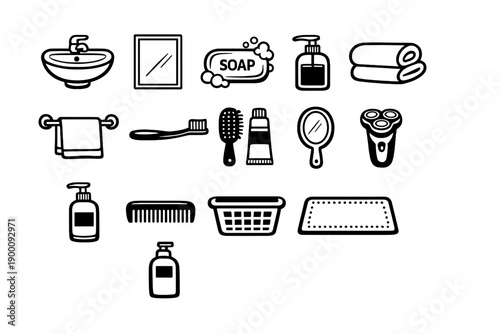 Personal Care and Hygiene Essentials in outline vector style: sink basin, mirror, soap bar, soap dispenser, towel, towel rack, toothbrush, toothpaste tube