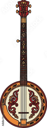 Ornate banjo with intricate designs on neck and body