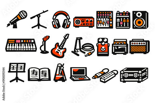 Creative women music and audio tools in bold vector style: microphone, microphone stand, headphone, audio interface, mixer, studio monitor speaker, keyboard