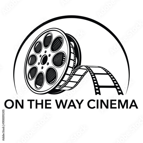 Black and white film reel with text on the way cinema