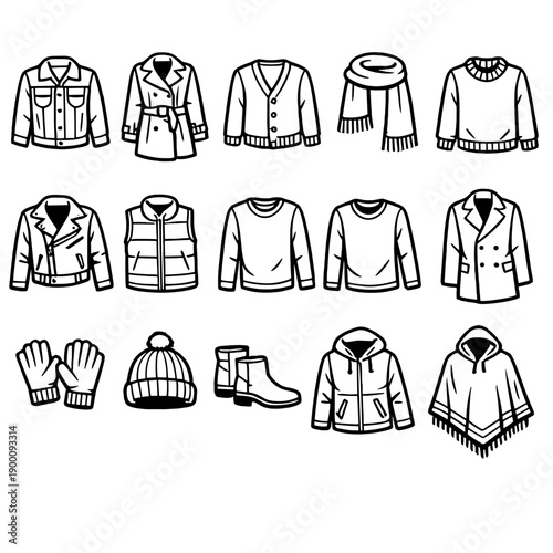 Seasonal Layering Apparel in outline vector style: denim jacket, trench coat, cardigan sweater, scarf, knit sweater, leather jacket, puffer vest, long sleeve
