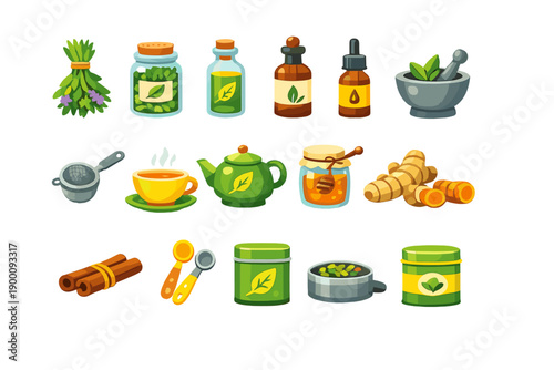 Herbal Therapy Essentials flat style: dried herb bundle, herbal jar, glass bottle, dropper bottle, mortar, pestle, tea strainer, teacup, teapot, honey jar