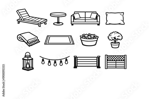 Rooftop Relaxation Space in outline vector style: lounge chair, side table, outdoor sofa, cushion, throw blanket, patio rug, planter pot, small tree pot, floor