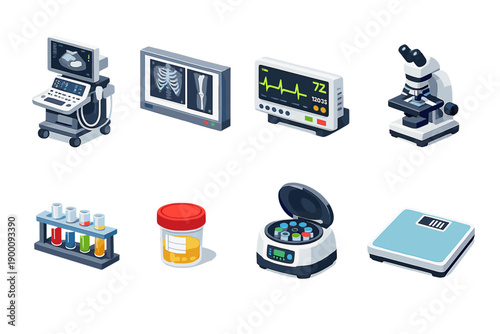 Diagnostic devices in isometric flat style: ultrasound machine, X-ray viewer, ECG monitor, microscope, test tube rack, specimen jar, centrifuge, scale
