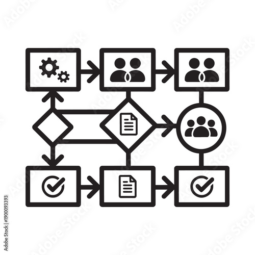 Workflow diagram illustrating process steps with icons for settings people and documents