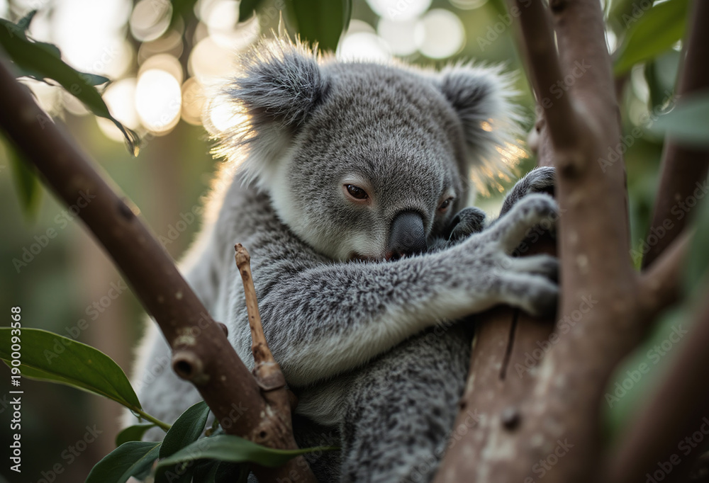 Fototapeta premium A gray koala securely rests on a tree branch, bathed in golden sunlight filtering through the surrounding eucalyptus leaves.