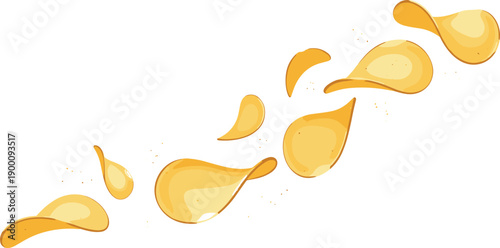 Golden potato chips scattered on white background with crumbs, realistic vector illustration for snack branding, food packaging, advertising, and culinary design concepts.