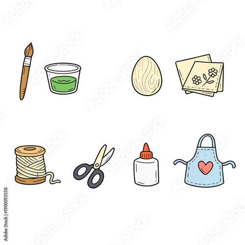 Easter spring craft supplies in doodle style: paint brush, dye cup, wooden egg, paper napkin, twine spool, scissors, glue bottle, apron