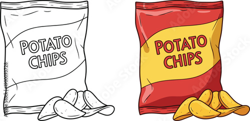 Vector illustration showing potato chips packaging in black‑and‑white line art and colorful design, highlighting snack branding, product packaging contrast, and consumer marketing concepts.