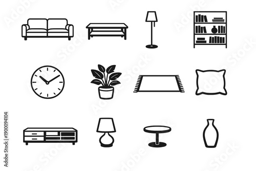 Modern Home Interior Items in outline vector style: sofa, coffee table, floor lamp, bookshelf, wall clock, house plant, area rug, cushion pillow, media console