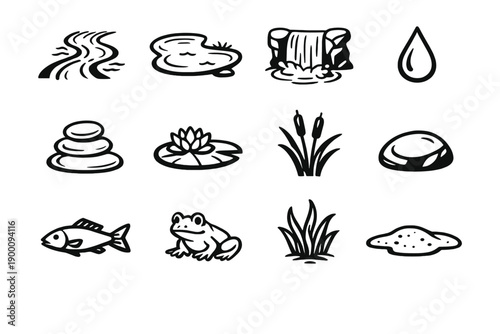 Water and Aquatic Features in outline vector style: river stream, pond, waterfall, water drop, pebble, lily pad, cattail, stone, fish, frog, aquatic plant, sand
