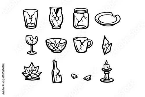 Damaged Glassware Objects in outline vector style: broken drinking glass, shattered vase, cracked jar, chipped plate, broken wine glass, shattered bowl