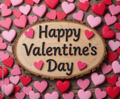 Celebrating love and affection with a charming happy valentine's day wooden heart sign surrounded by pastel hearts