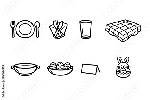 Easter smiles family table items in outline vector style: dinner plate, fork, spoon, napkin, drinking glass, tablecloth, serving bowl, place card