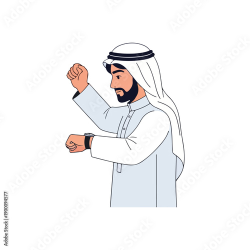 Man in traditional Middle Eastern attire checking smartwatch
