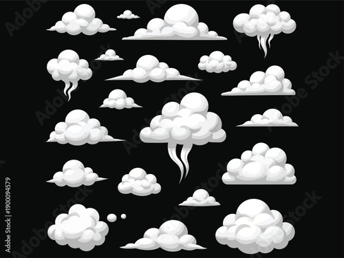 Collection of various white cloud shapes on black background