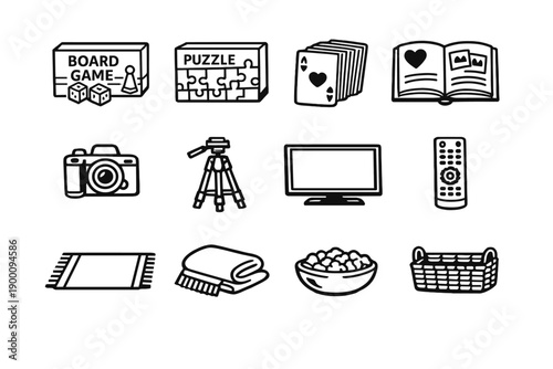 Shared Family Leisure Time in outline vector style: board game box, puzzle box, playing card deck, photo album, camera, tripod, television, remote control