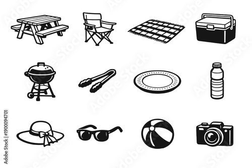 Outdoor Reunion Activity Items in outline vector style: picnic table, folding chair, picnic blanket, cooler box, barbecue grill, serving tongs, paper plate