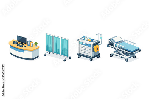 Hospital ward infrastructure in isometric flat style: nurse station desk, privacy screen, supply cart, patient trolley