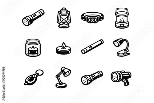 Battery-Powered Light Sources in outline vector style: flashlight, lantern, headlamp, portable lamp, candle jar, tealight candle, LED stick, clip-on lamp