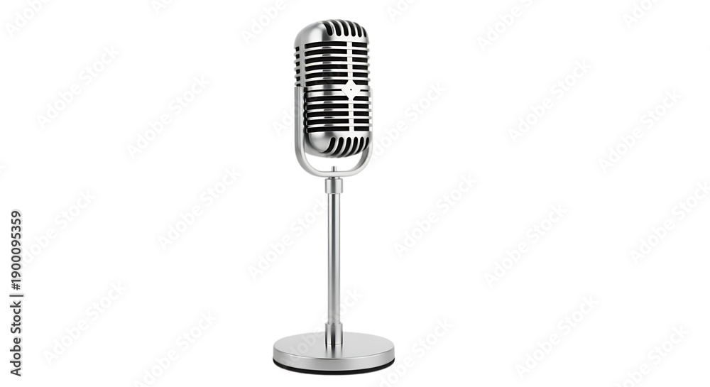 Fototapeta premium Vintage silver microphone on a stand, isolated on a black background for retro audio recording