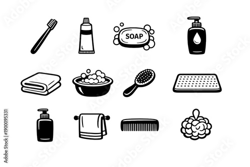 Personal Hygiene and Bathing Items in outline vector style: toothbrush, toothpaste tube, soap bar, shampoo bottle, bath towel, wash basin, hairbrush, bath mat