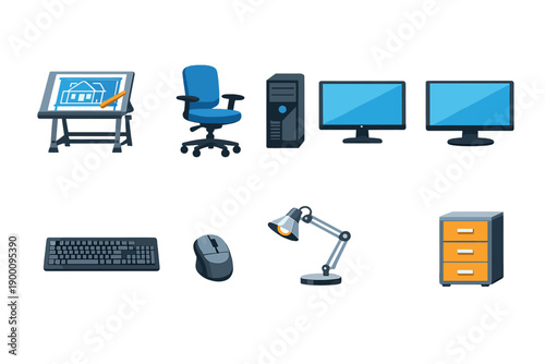 Architecture studio workspace in flat style: drafting table, office chair, desktop computer, monitor, keyboard, mouse, desk lamp, file cabinet