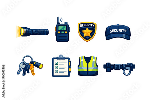 Late night security equipment flat style: security flashlight, walkie talkie, security badge, patrol cap, key ring, clipboard, safety vest, duty belt