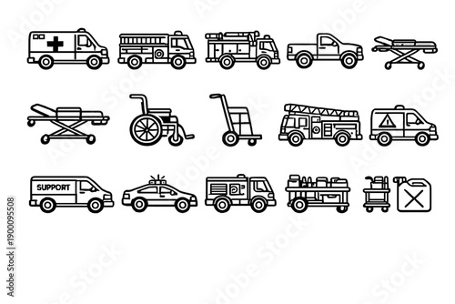 Emergency Response Vehicles outline vector style: ambulance, fire truck, utility truck, pickup truck, gurney, stretcher, wheelchair, hand truck, ladder truck