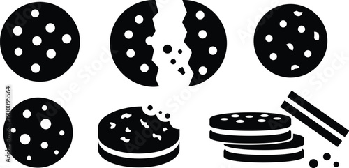 Black and White Icon Set of Cookies in Various States Including Whole, Bitten, Broken, Cream-Filled, and Stacked Designs