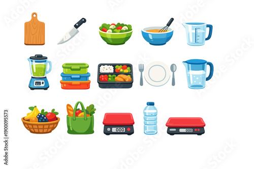 Healthy Kitchen and Nutrition Tools in flat style: cutting board, kitchen knife, salad bowl, mixing bowl, measuring cup, blender, food container, bento box