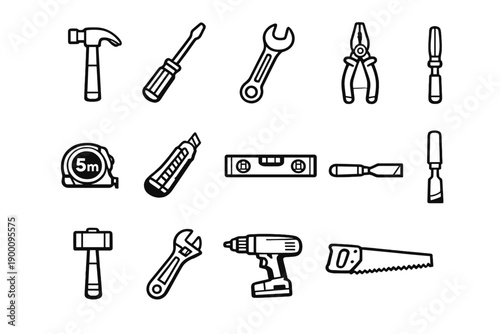 Construction Tools and Equipment in outline vector style: hammer, screwdriver, wrench, plier, tape measure, utility knife, level, chisel, mallet, adjustable