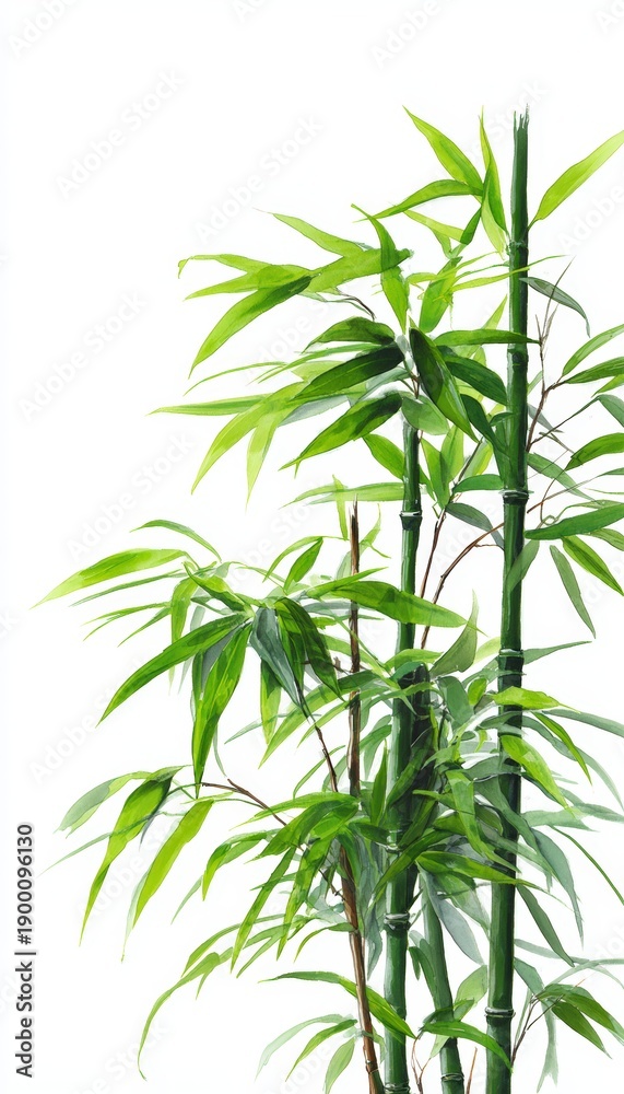 Fototapeta premium Zen Botanical Portrait of Bamboo Stalks with Vivid Green Leaves on White Background