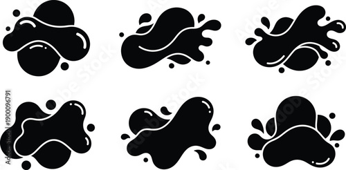 Set of black ink blot shapes and fluid liquid drops
