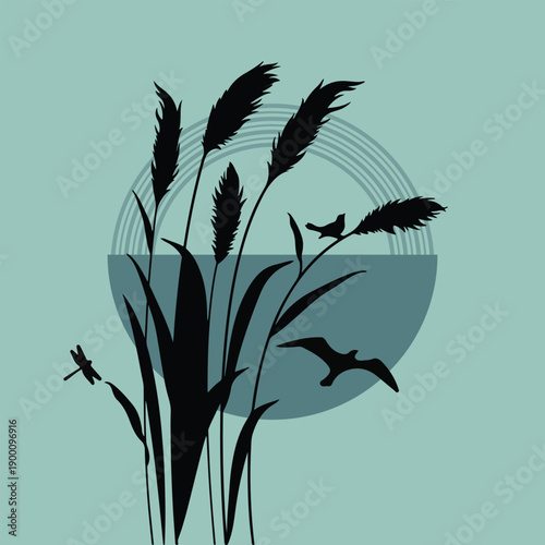 Minimalist Boho Background with Abstract Arches and Tropical Leaves