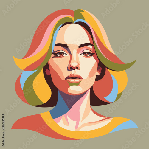 Vibrant woman with colorful hair and modern makeup looks directly ahead