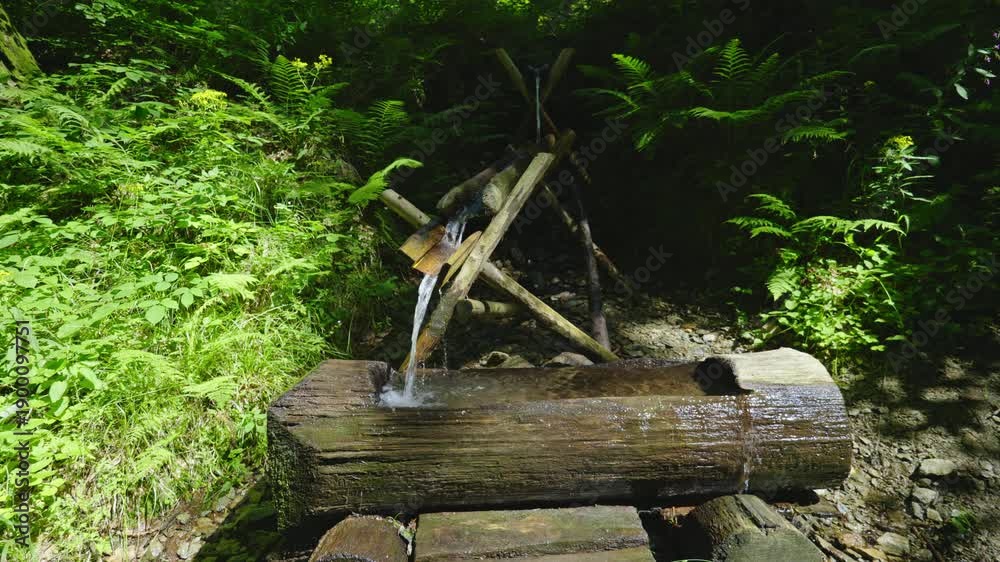 Wide shot of a natural forest water spring with flowing water guided ...