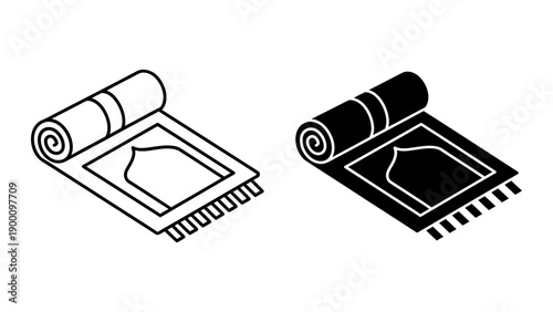 Illustration of a rolled-up Muslim prayer rug (Sajadah) showing the mihrab design, symbolizing Islamic worship, devotion, and the holy month of Ramadan in a clean, minimalist vector style.