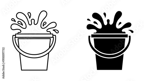 Set of Two Bucket Icons with Water Splash, Outline and Solid Silhouette Style, Isolated on White Background